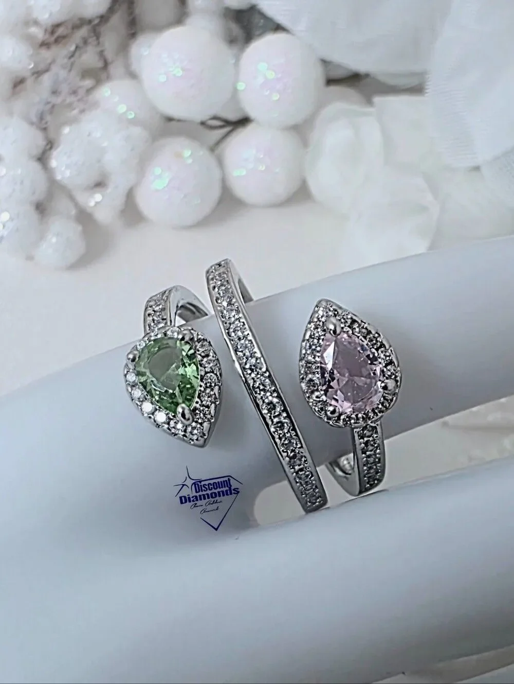 Pink & Green Pear Cut Diamonds & Baguette Diamond Cocktail Ring on 925 Silver